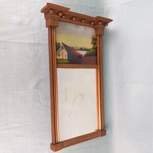 Federal 1800s Mirror Antique Wood Frame Reverse Painted Folk Art Wall Art Decor